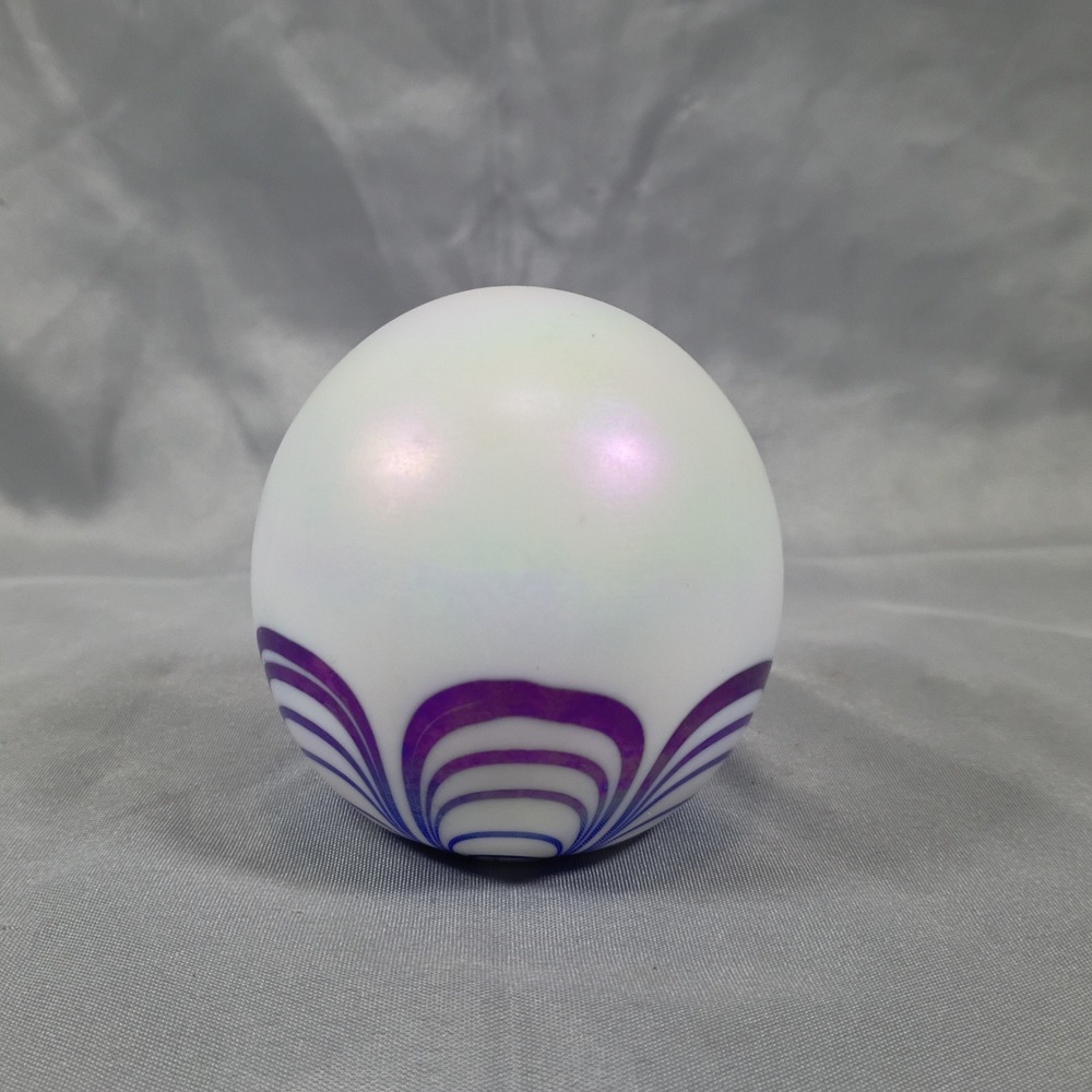 Iridescent Art Glass Paperweight White Purple Blue Pulled Feather Orb Decor